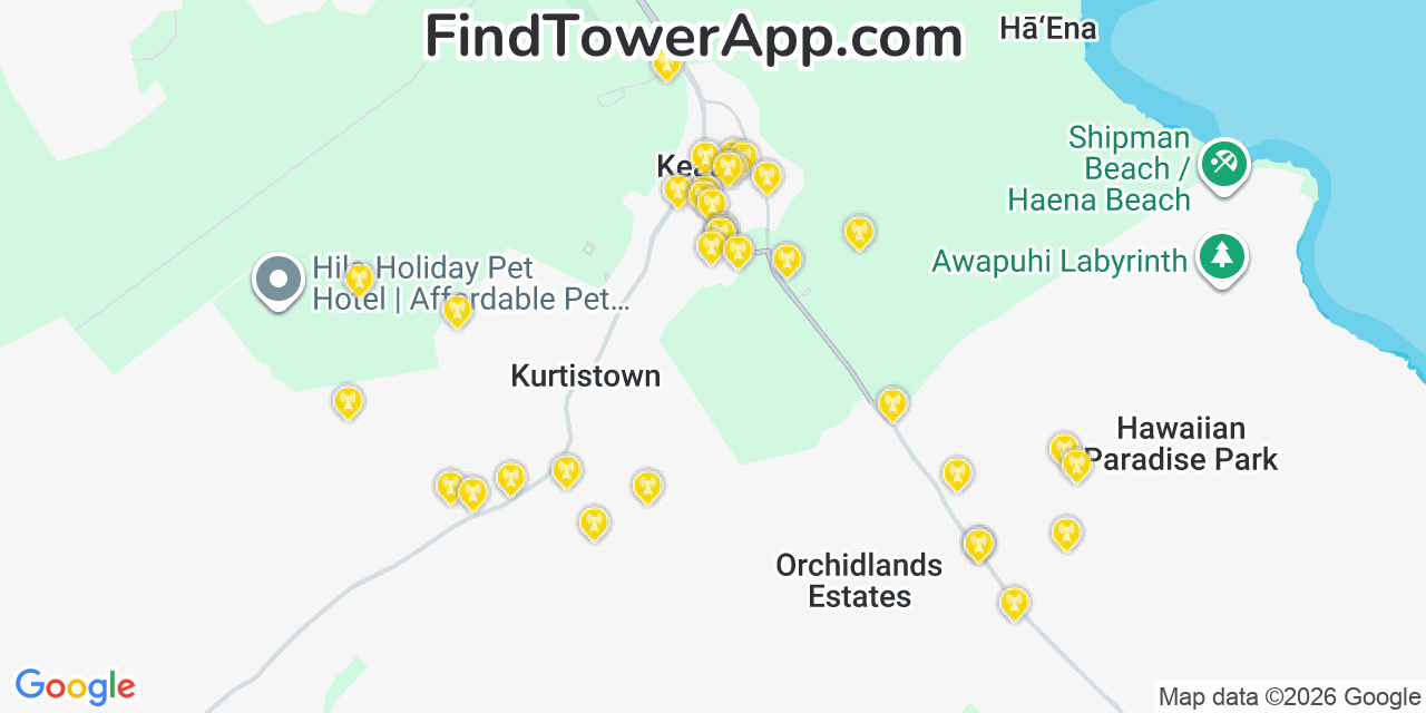 Map showing the 35 primary AT&T cell tower locations detected in Kea�Au, Hawaii with coverage radius and signal strength indicators