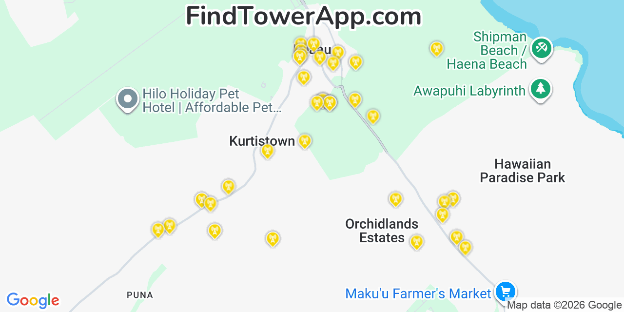 Map showing the 34 primary T-Mobile cell tower locations detected in Kea�Au, Hawaii with coverage radius and signal strength indicators