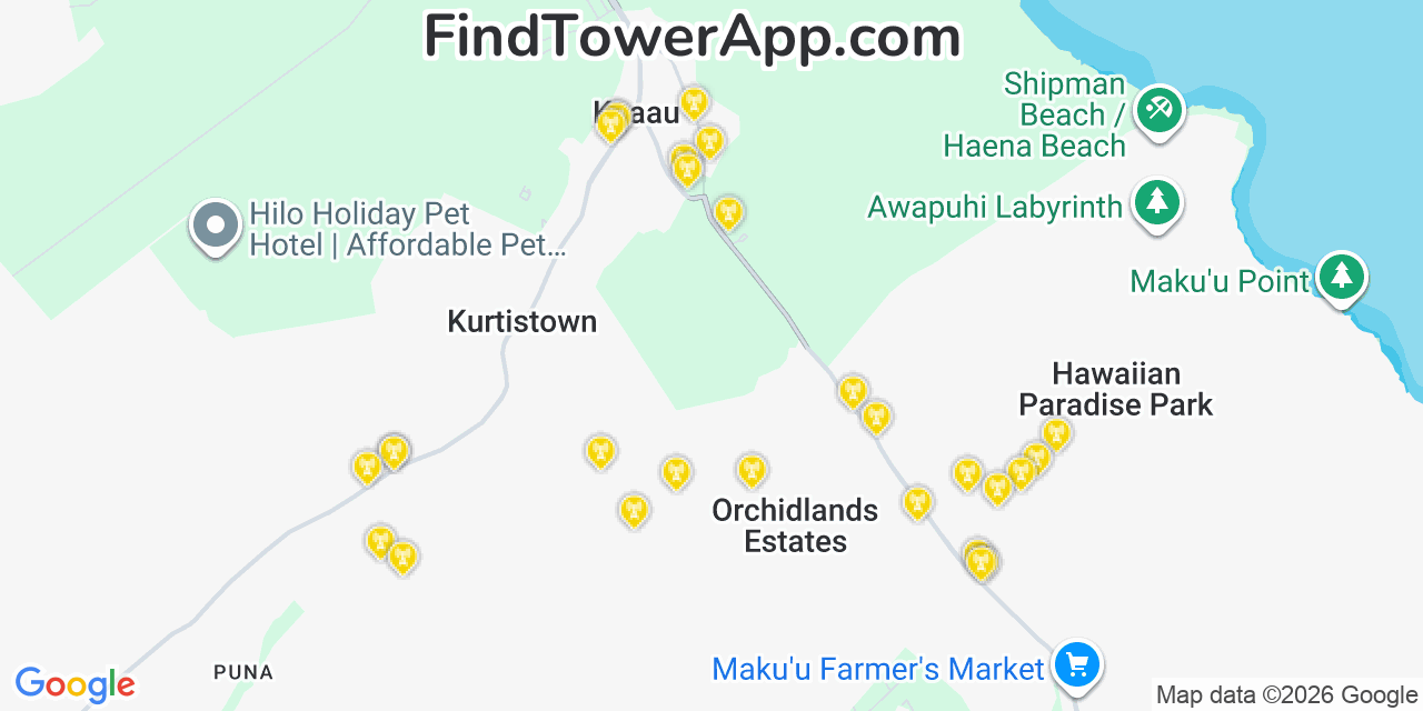 Map showing the 28 primary Verizon cell tower locations detected in Kea�Au, Hawaii with coverage radius and signal strength indicators