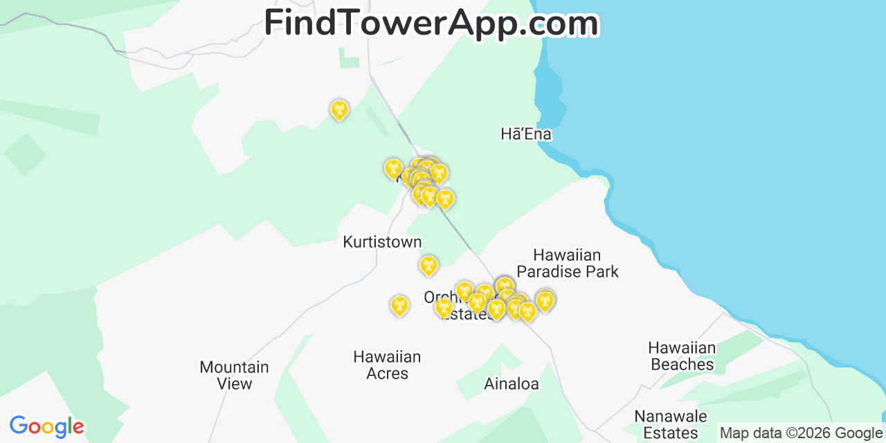 Map showing the 35 primary AT&T cell tower locations detected in Kea�Au, Hawaii with coverage radius and signal strength indicators