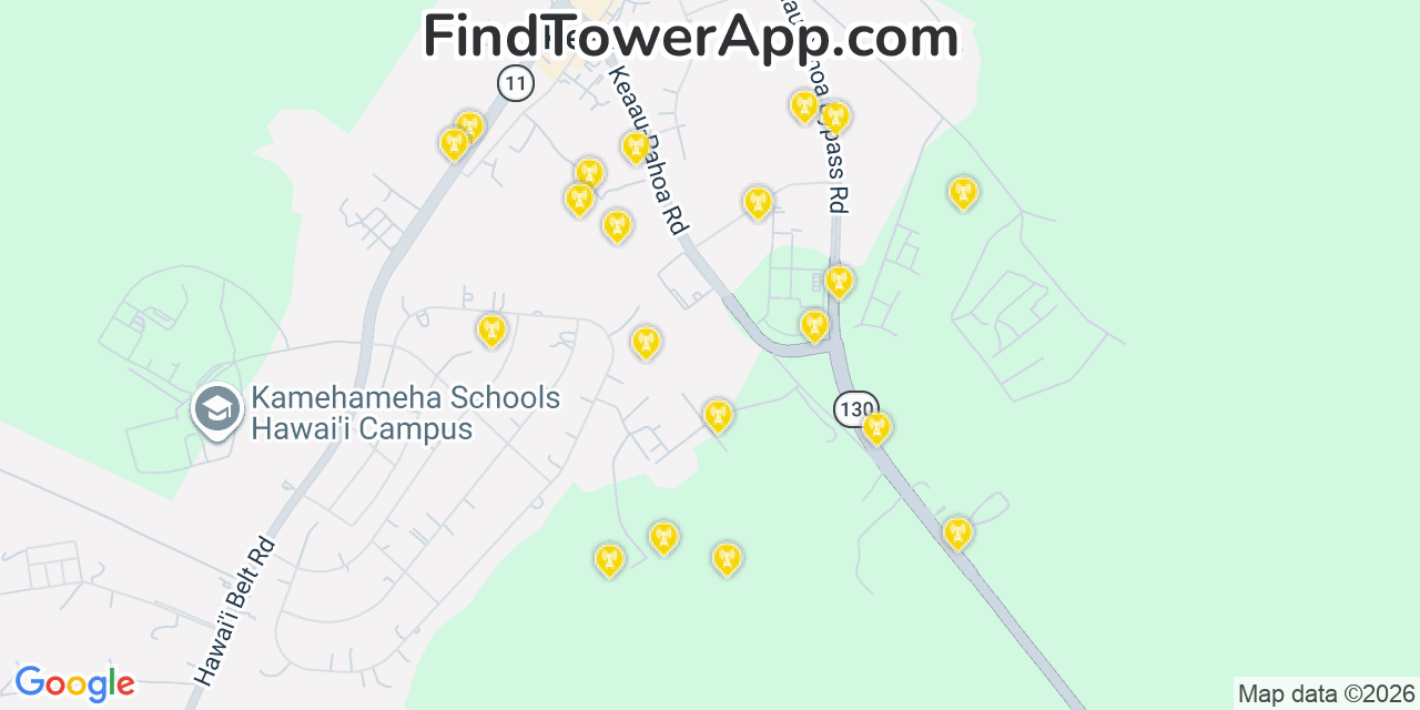 Map showing the 20 primary cell tower locations detected in Kea�Au, Hawaii from AT&T, Verizon, and T-Mobile networks