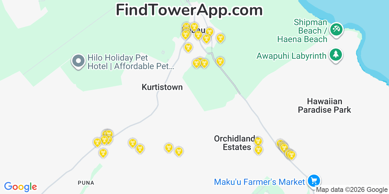 Map showing the 34 primary T-Mobile cell tower locations detected in Kea�Au, Hawaii with coverage radius and signal strength indicators