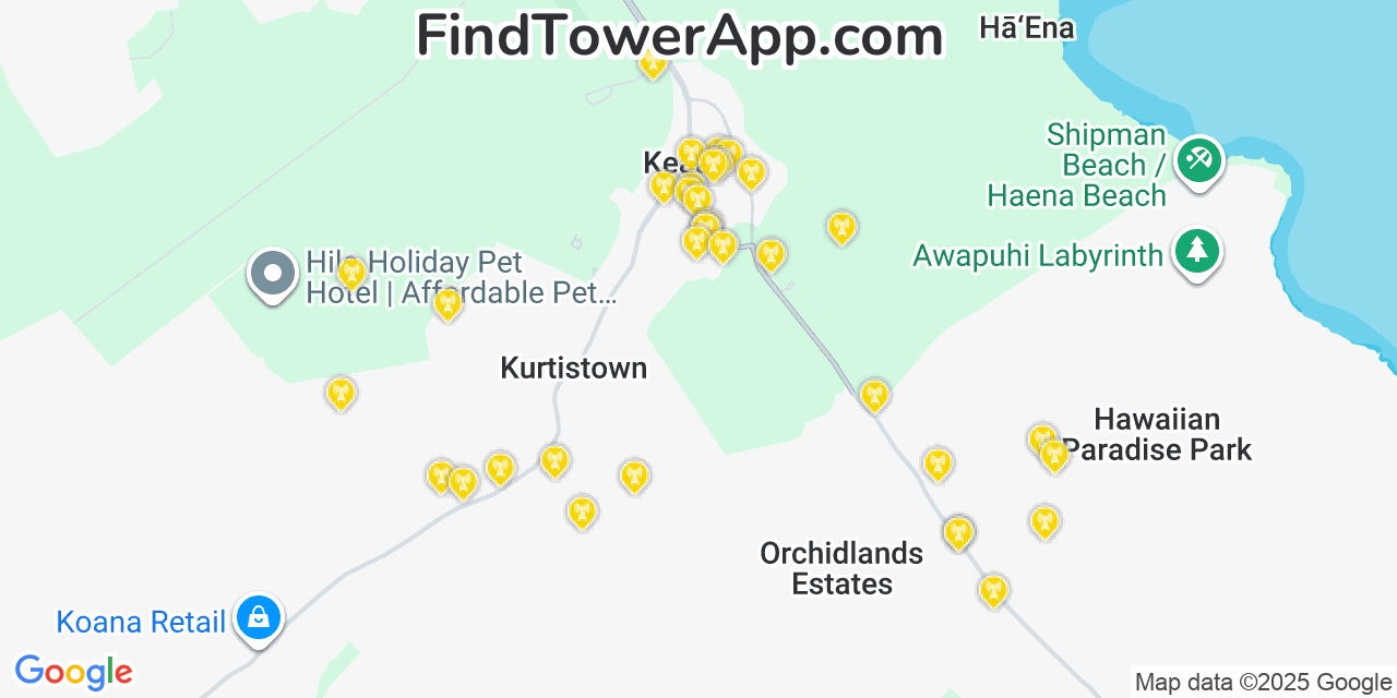 Map showing the 35 primary AT&T cell tower locations detected in Kea‘au, Hawaii with coverage radius and signal strength indicators