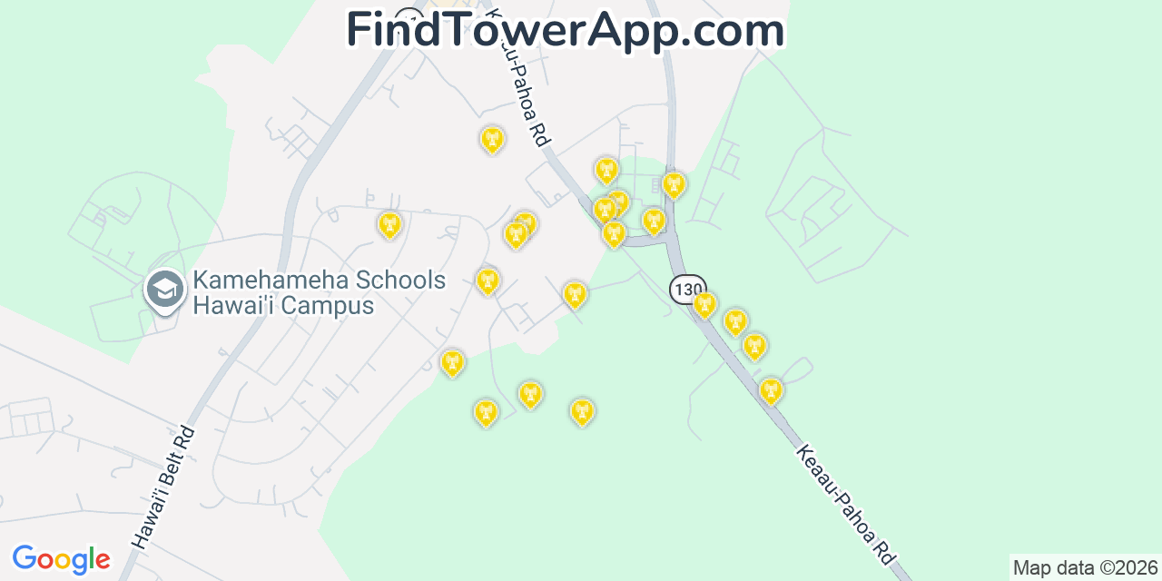 Map showing the 20 primary cell tower locations detected in Kea‘au, Hawaii from AT&T, Verizon, and T-Mobile networks