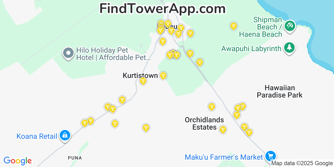 Map showing the 34 primary T-Mobile cell tower locations detected in Kea‘au, Hawaii with coverage radius and signal strength indicators