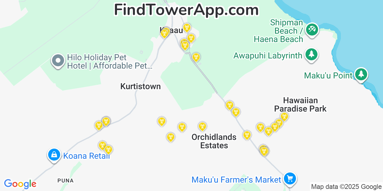 Map showing the 28 primary Verizon cell tower locations detected in Kea‘au, Hawaii with coverage radius and signal strength indicators