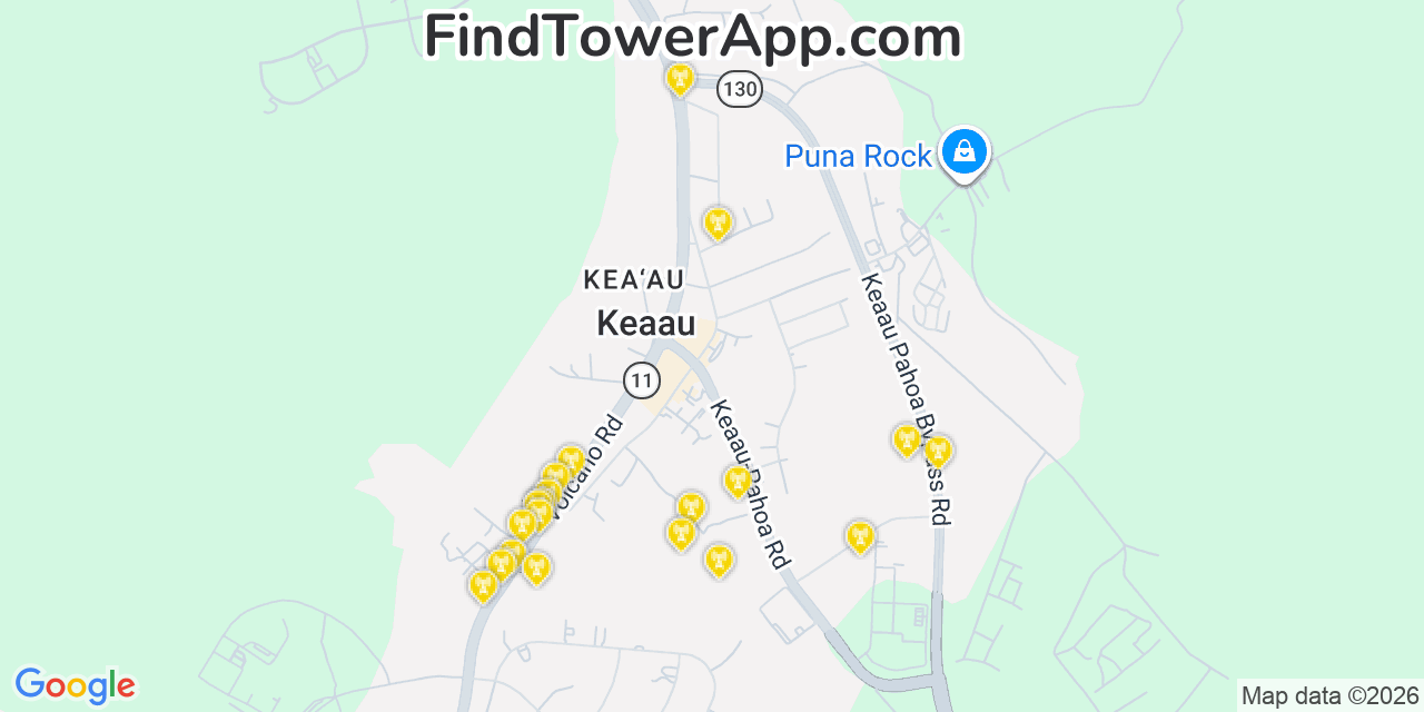 Map showing the 20 primary cell tower locations detected in Keaau, Hawaii from AT&T, Verizon, and T-Mobile networks