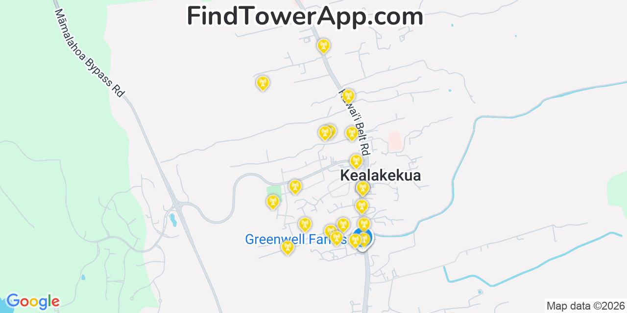 Map showing the 20 primary cell tower locations detected in Kealakekua, Hawaii from AT&T, Verizon, and T-Mobile networks
