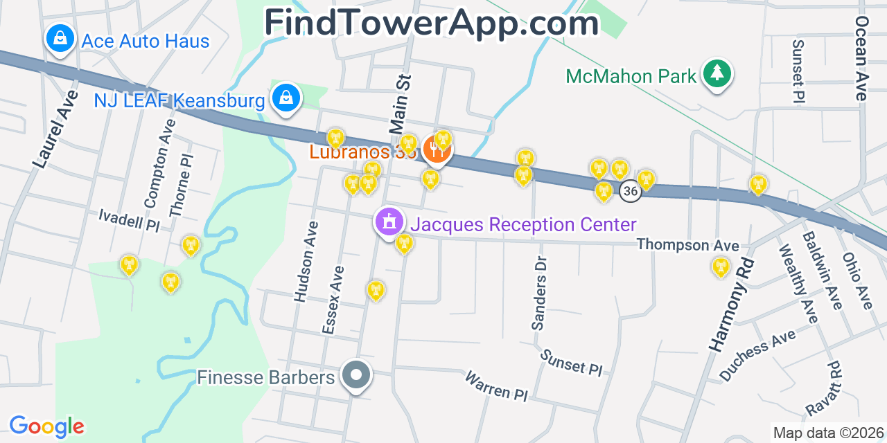 Map showing the 20 primary cell tower locations detected in Keansburg, New Jersey from AT&T, Verizon, and T-Mobile networks
