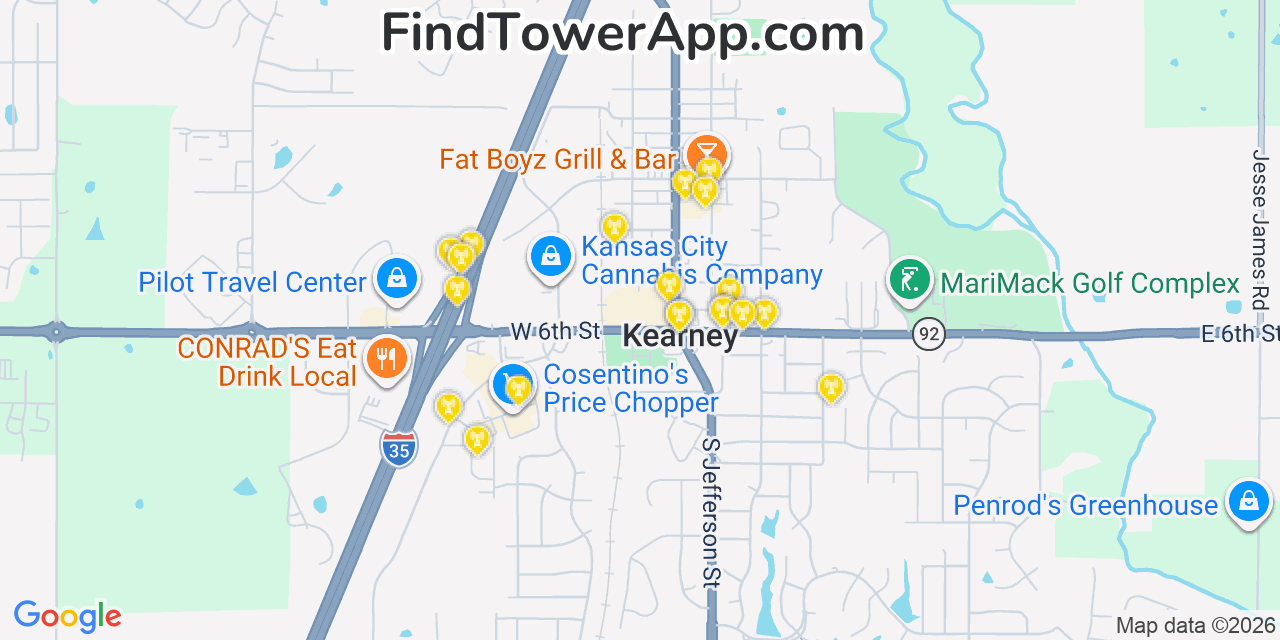 Map showing the 20 primary cell tower locations detected in Kearney, Missouri from AT&T, Verizon, and T-Mobile networks