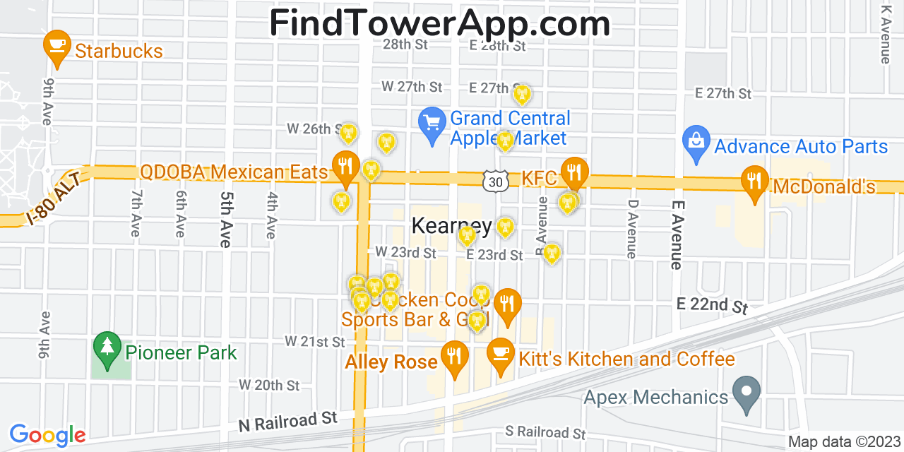 AT&T 4G/5G cell tower coverage map Kearney, Nebraska