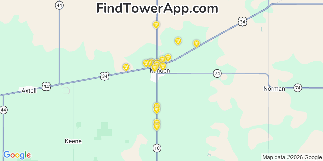 Map showing the 20 primary cell tower locations detected in Kearney, Nebraska from AT&T, Verizon, and T-Mobile networks