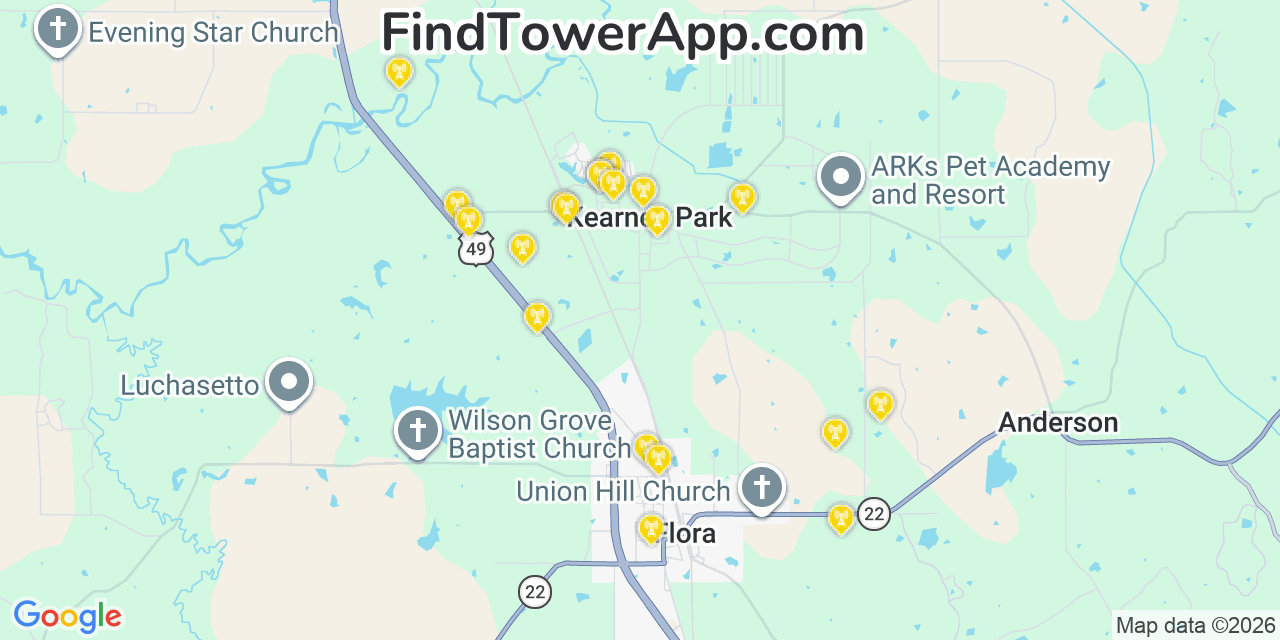 Map showing the 20 primary cell tower locations detected in Kearney Park, Mississippi from AT&T, Verizon, and T-Mobile networks
