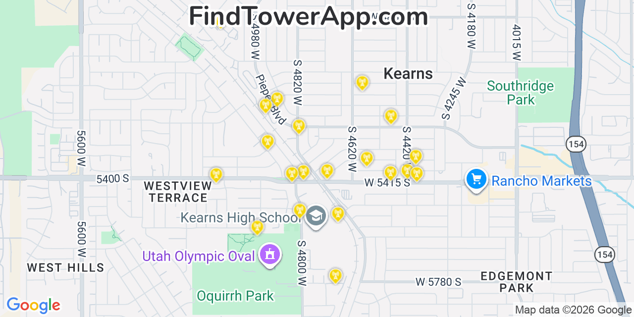 Map showing the 20 primary cell tower locations detected in Kearns, Utah from AT&T, Verizon, and T-Mobile networks