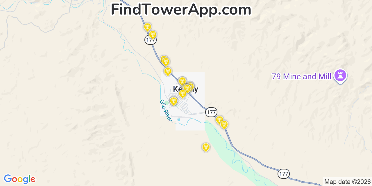 Map showing the 20 primary cell tower locations detected in Kearny, Arizona from AT&T, Verizon, and T-Mobile networks