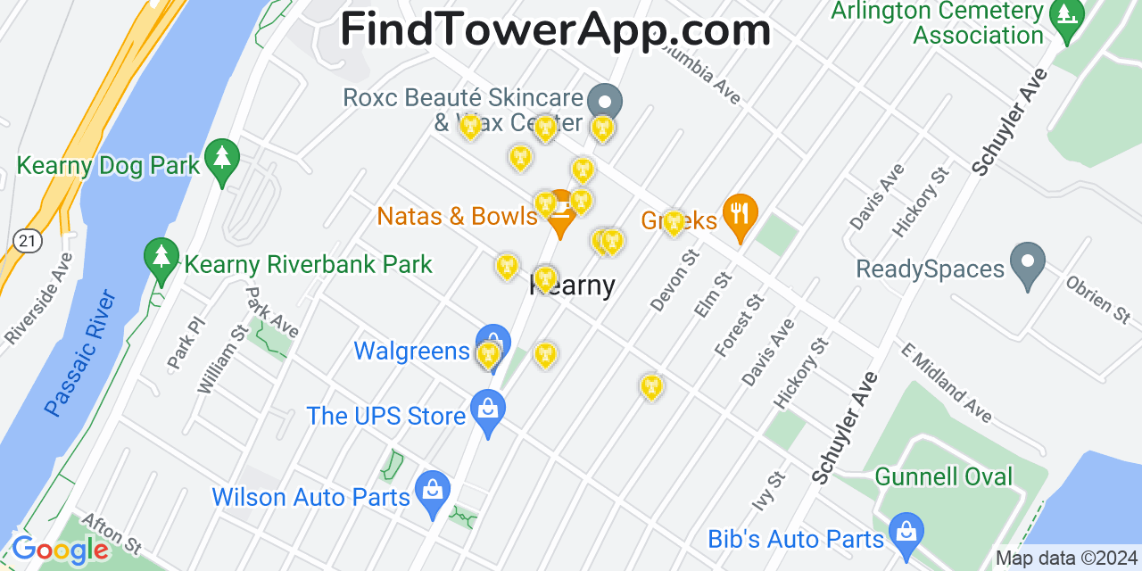 AT&T 4G/5G cell tower coverage map Kearny, New Jersey