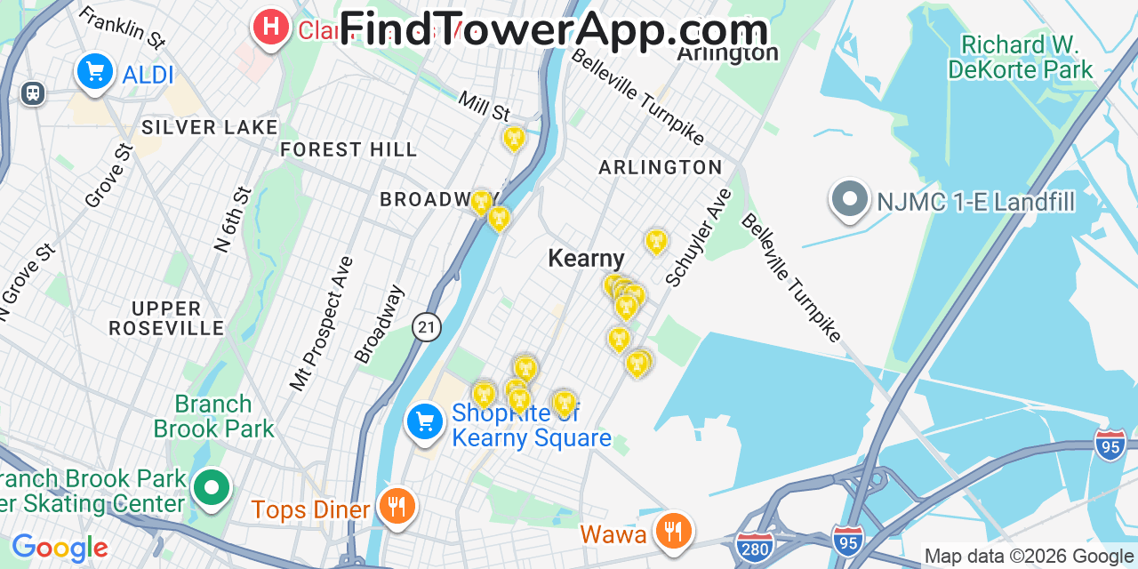 Map showing the 20 primary cell tower locations detected in Kearny, New Jersey from AT&T, Verizon, and T-Mobile networks