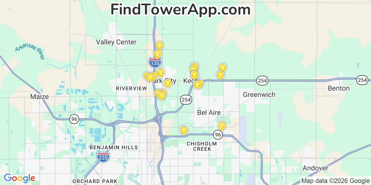Map showing the 20 primary cell tower locations detected in Kechi, Kansas from AT&T, Verizon, and T-Mobile networks