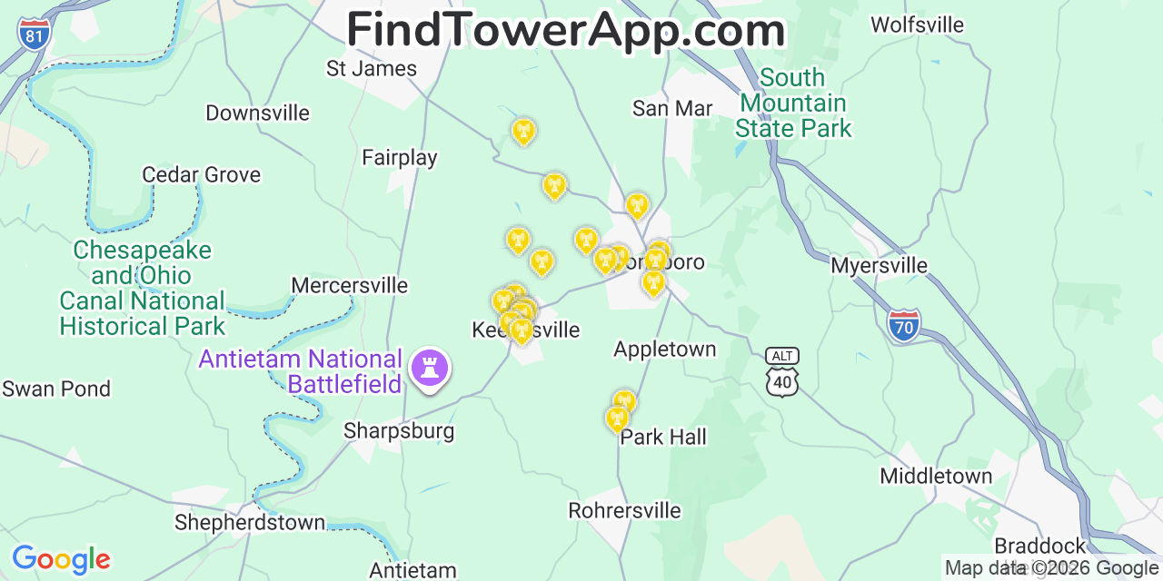 Map showing the 20 primary cell tower locations detected in Keedysville, Maryland from AT&T, Verizon, and T-Mobile networks