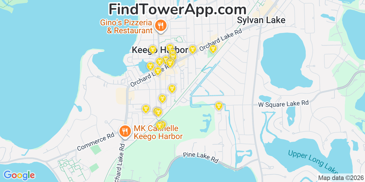 Map showing the 20 primary cell tower locations detected in Keego Harbor, Michigan from AT&T, Verizon, and T-Mobile networks