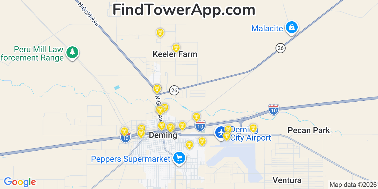 Map showing the 20 primary cell tower locations detected in Keeler Farm, New Mexico from AT&T, Verizon, and T-Mobile networks