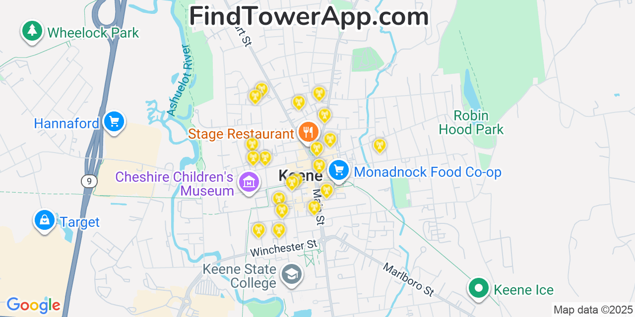 Map showing the 20 primary cell tower locations detected in Keene, New Hampshire from AT&T, Verizon, and T-Mobile networks