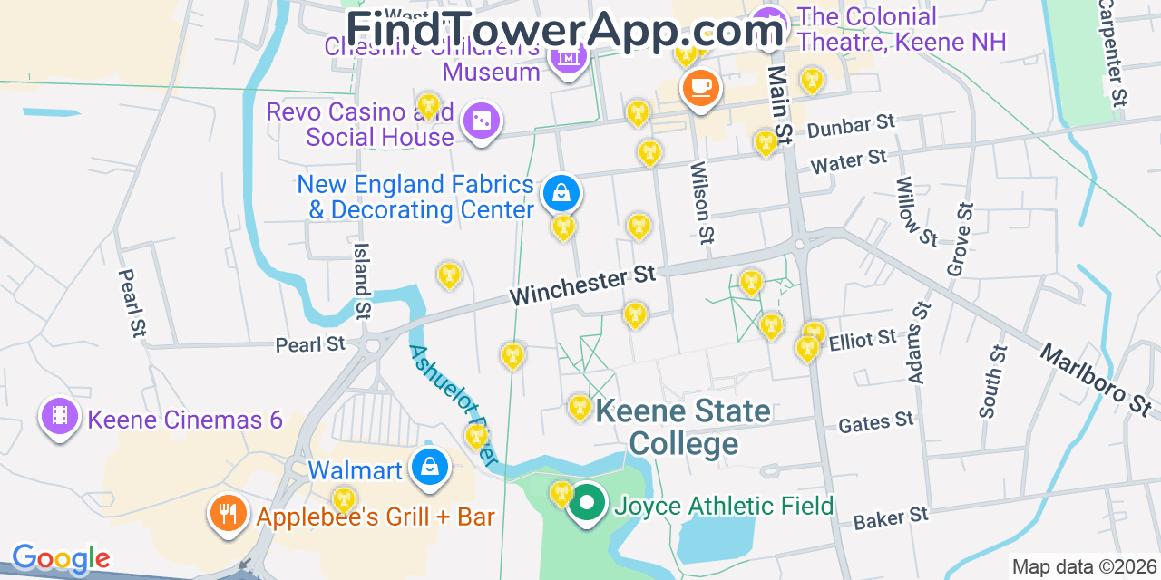 Map showing the 20 primary cell tower locations detected in Keene, New Hampshire from AT&T, Verizon, and T-Mobile networks