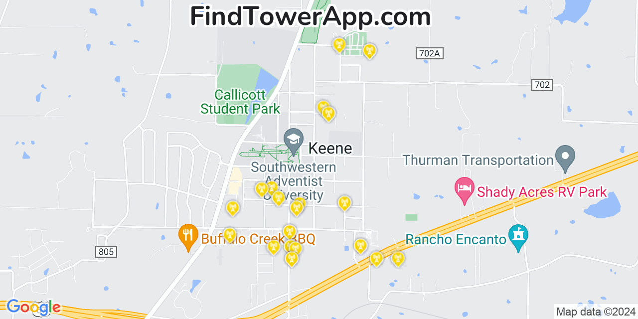 AT&T 4G/5G cell tower coverage map Keene, Texas