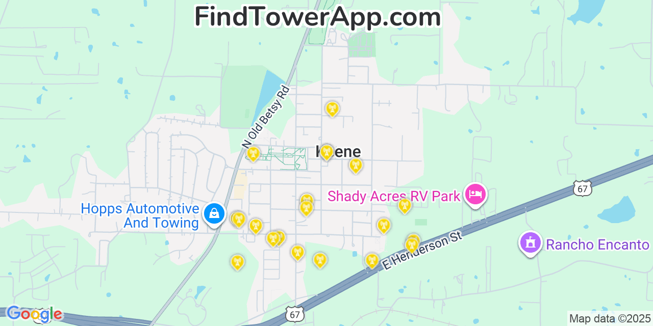 Map showing the 20 primary cell tower locations detected in Keene, Texas from AT&T, Verizon, and T-Mobile networks