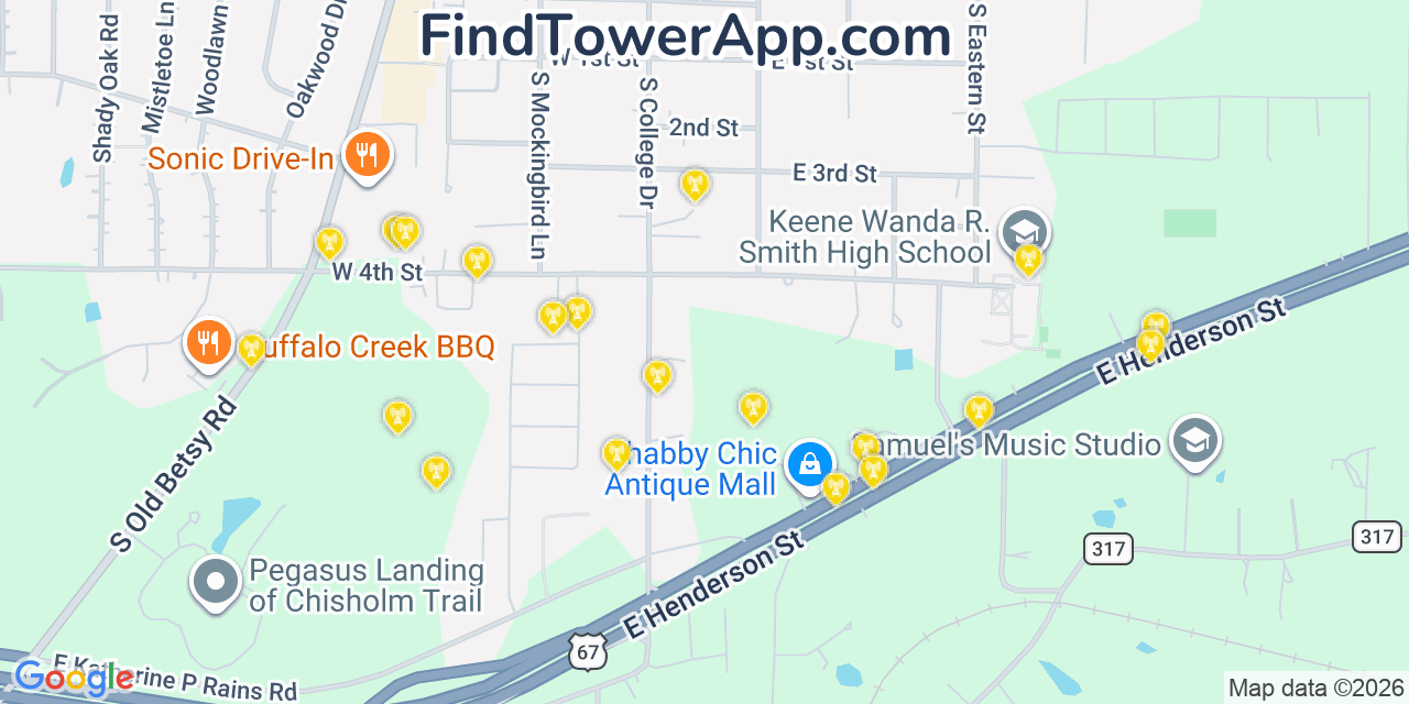 Map showing the 20 primary cell tower locations detected in Keene, Texas from AT&T, Verizon, and T-Mobile networks