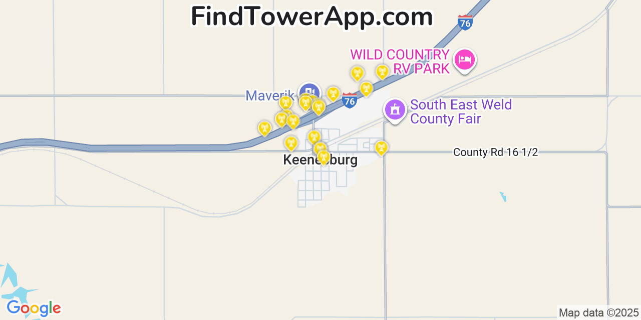 Map showing the 20 primary cell tower locations detected in Keenesburg, Colorado from AT&T, Verizon, and T-Mobile networks