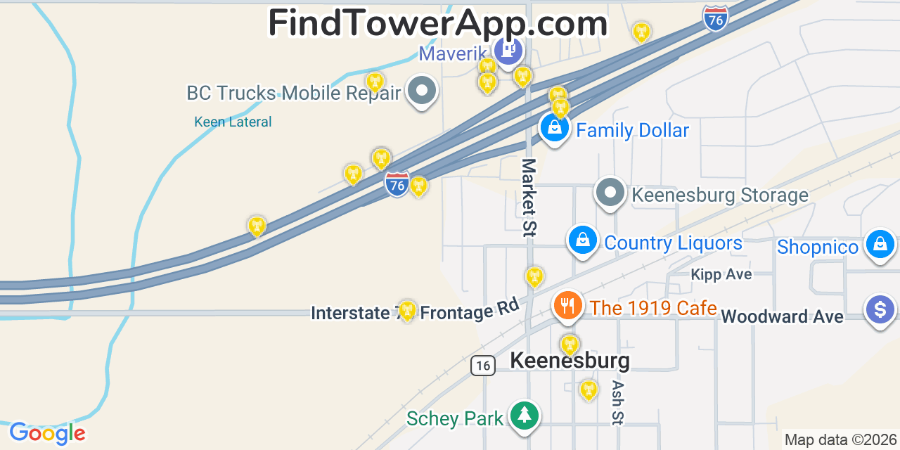 Map showing the 20 primary cell tower locations detected in Keenesburg, Colorado from AT&T, Verizon, and T-Mobile networks