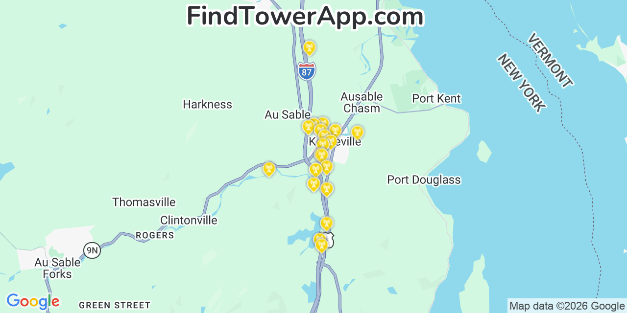 Map showing the 20 primary cell tower locations detected in Keeseville, New York from AT&T, Verizon, and T-Mobile networks