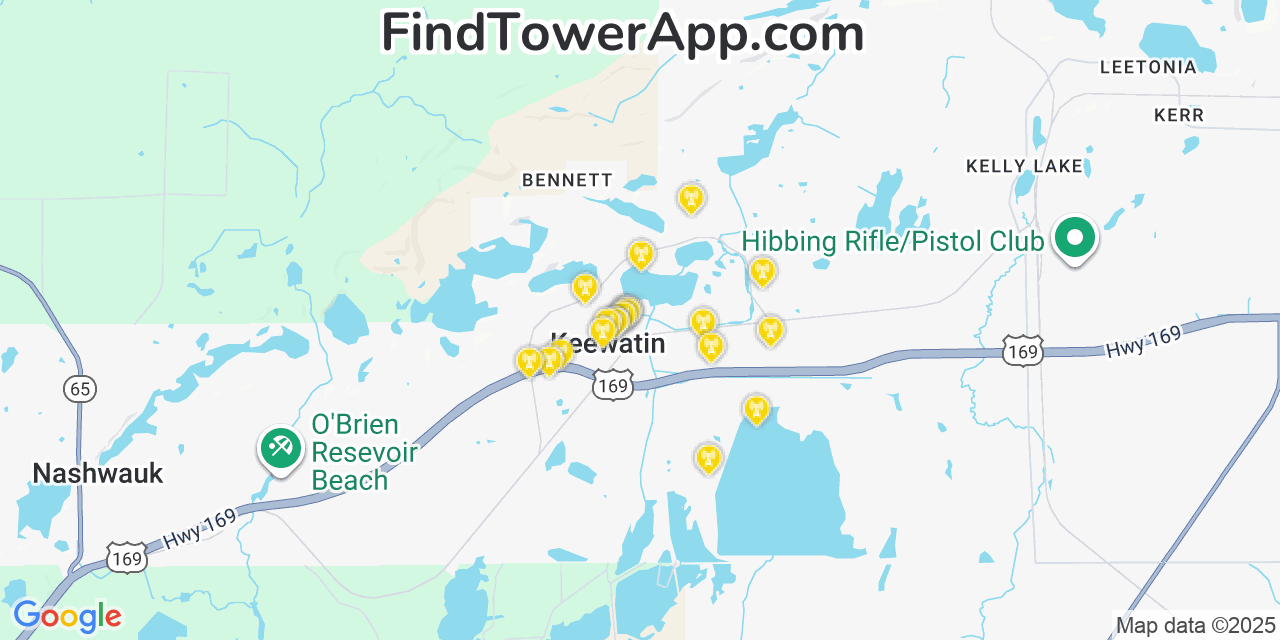 Map showing the 20 primary cell tower locations detected in Keewatin, Minnesota from AT&T, Verizon, and T-Mobile networks