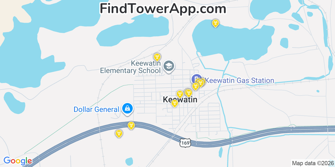 Map showing the 20 primary cell tower locations detected in Keewatin, Minnesota from AT&T, Verizon, and T-Mobile networks