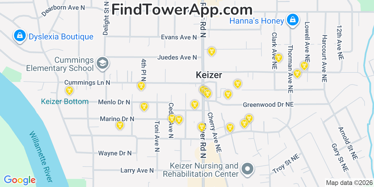 Map showing the 20 primary cell tower locations detected in Keizer, Oregon from AT&T, Verizon, and T-Mobile networks
