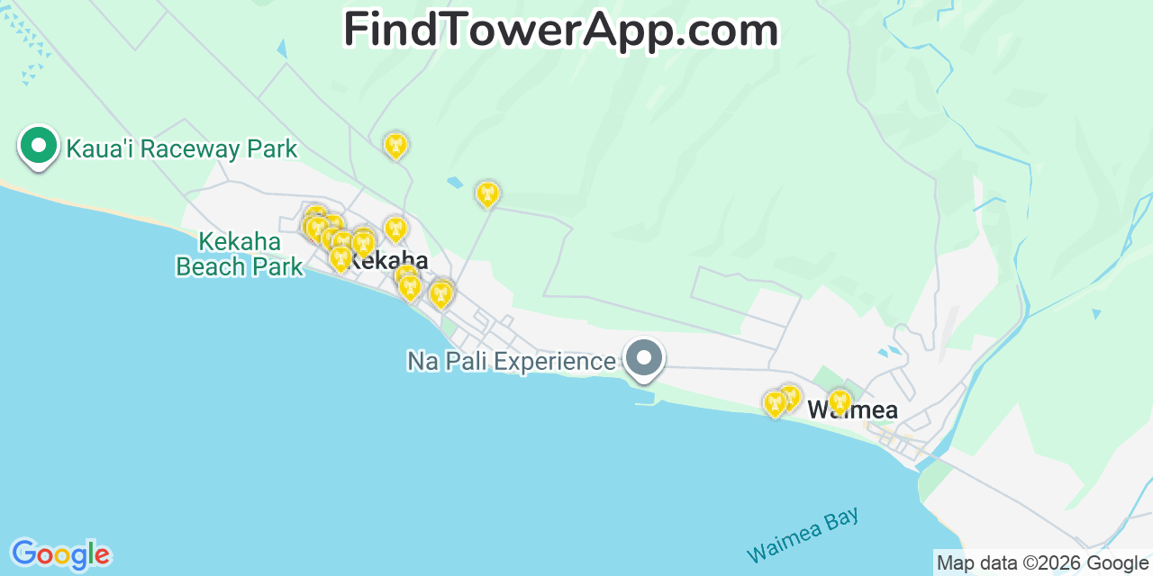 Map showing the 20 primary cell tower locations detected in Kekaha, Hawaii from AT&T, Verizon, and T-Mobile networks