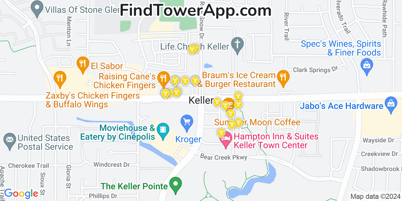 AT&T 4G/5G cell tower coverage map Keller, Texas