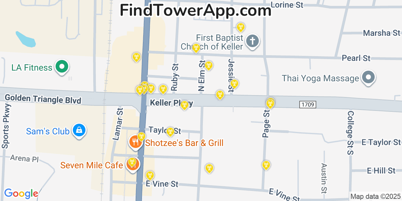 Map showing the 20 primary cell tower locations detected in Keller, Texas from AT&T, Verizon, and T-Mobile networks