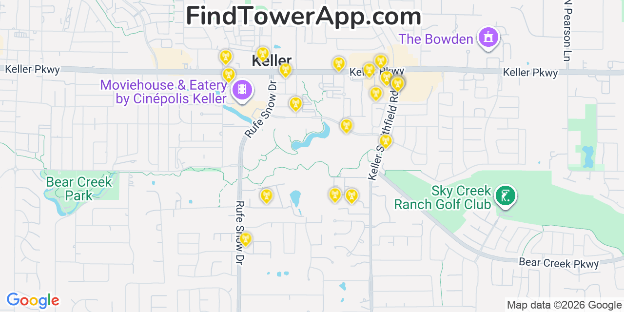 Map showing the 20 primary cell tower locations detected in Keller, Texas from AT&T, Verizon, and T-Mobile networks