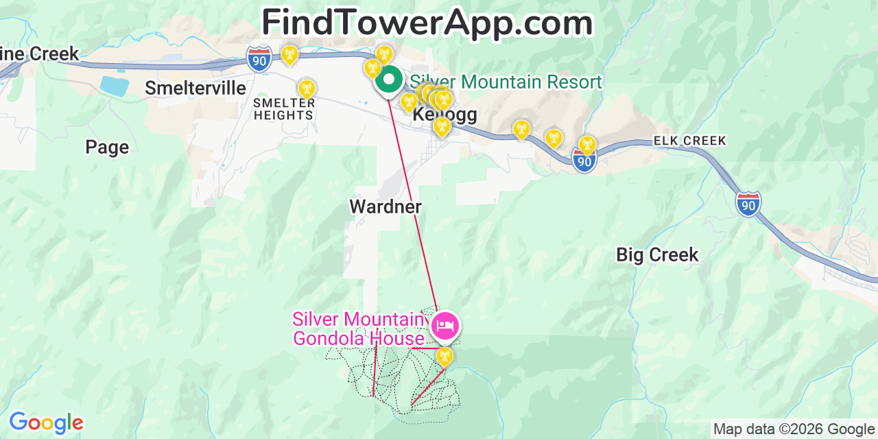Map showing the 20 primary cell tower locations detected in Kellogg, Idaho from AT&T, Verizon, and T-Mobile networks