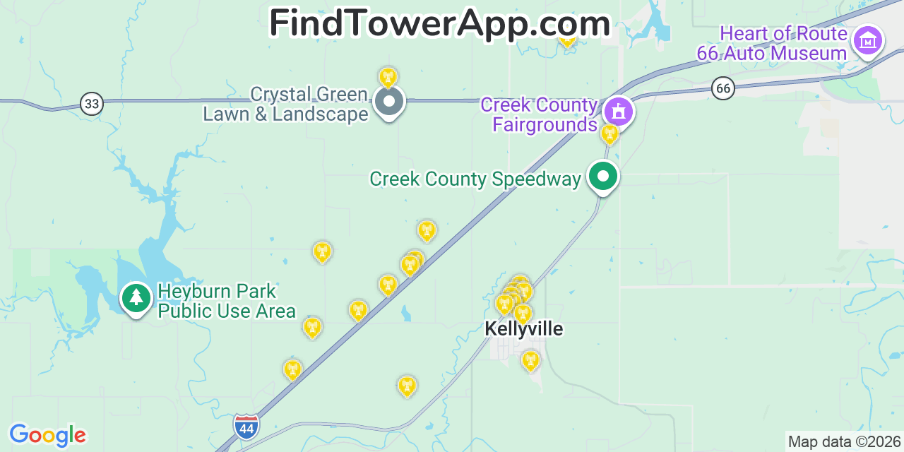 Map showing the 20 primary cell tower locations detected in Kellyville, Oklahoma from AT&T, Verizon, and T-Mobile networks