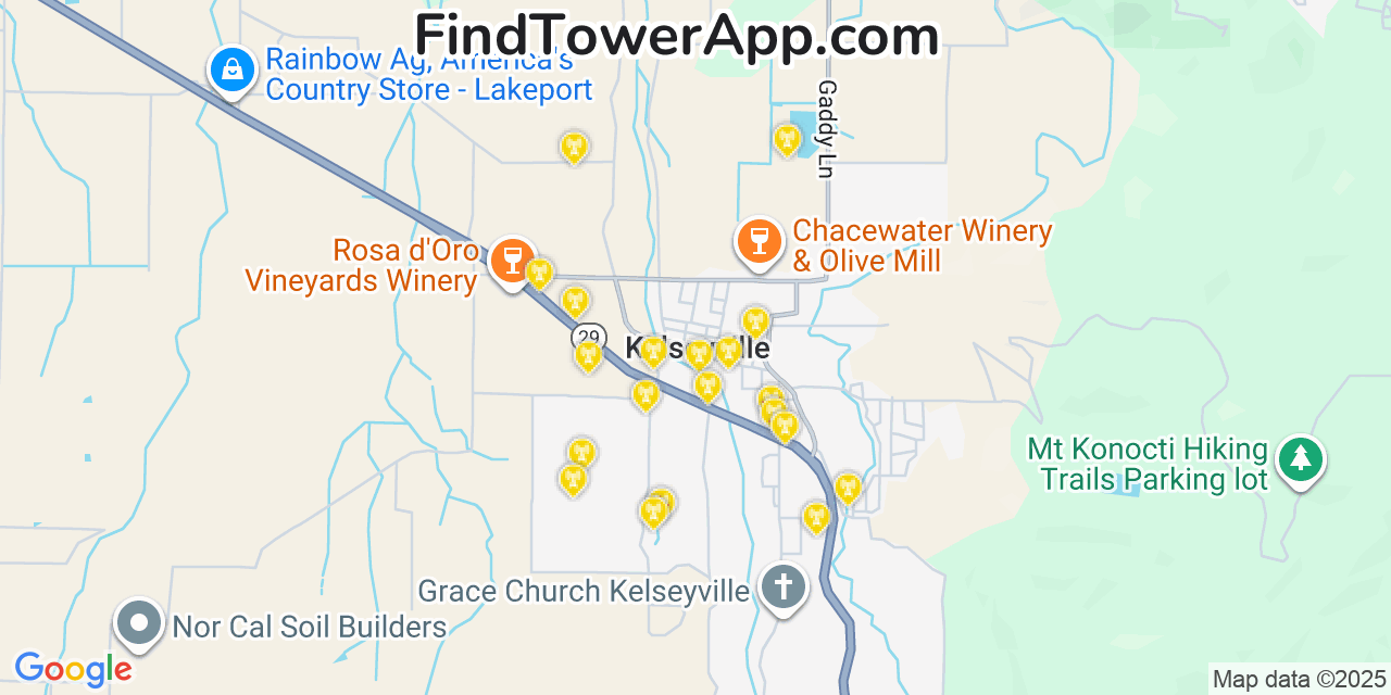 Map showing the 20 primary cell tower locations detected in Kelseyville, California from AT&T, Verizon, and T-Mobile networks