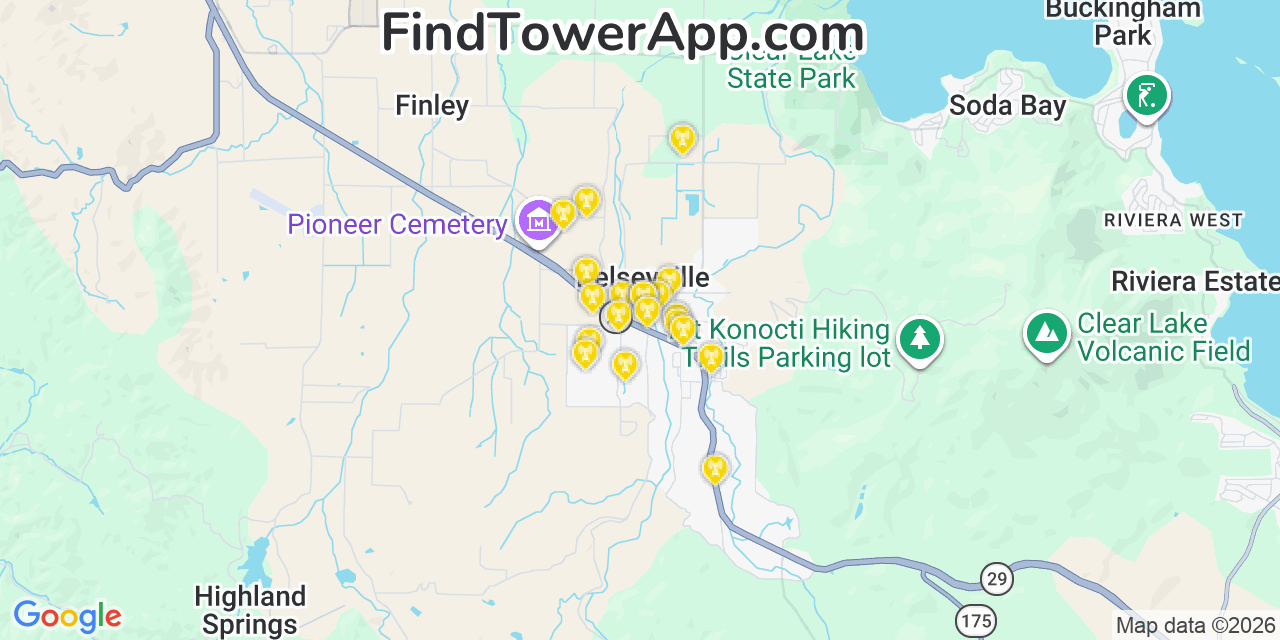 Map showing the 20 primary cell tower locations detected in Kelseyville, California from AT&T, Verizon, and T-Mobile networks