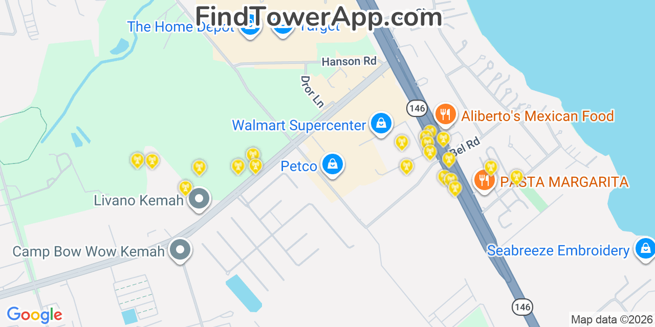 Map showing the 20 primary cell tower locations detected in Kemah, Texas from AT&T, Verizon, and T-Mobile networks