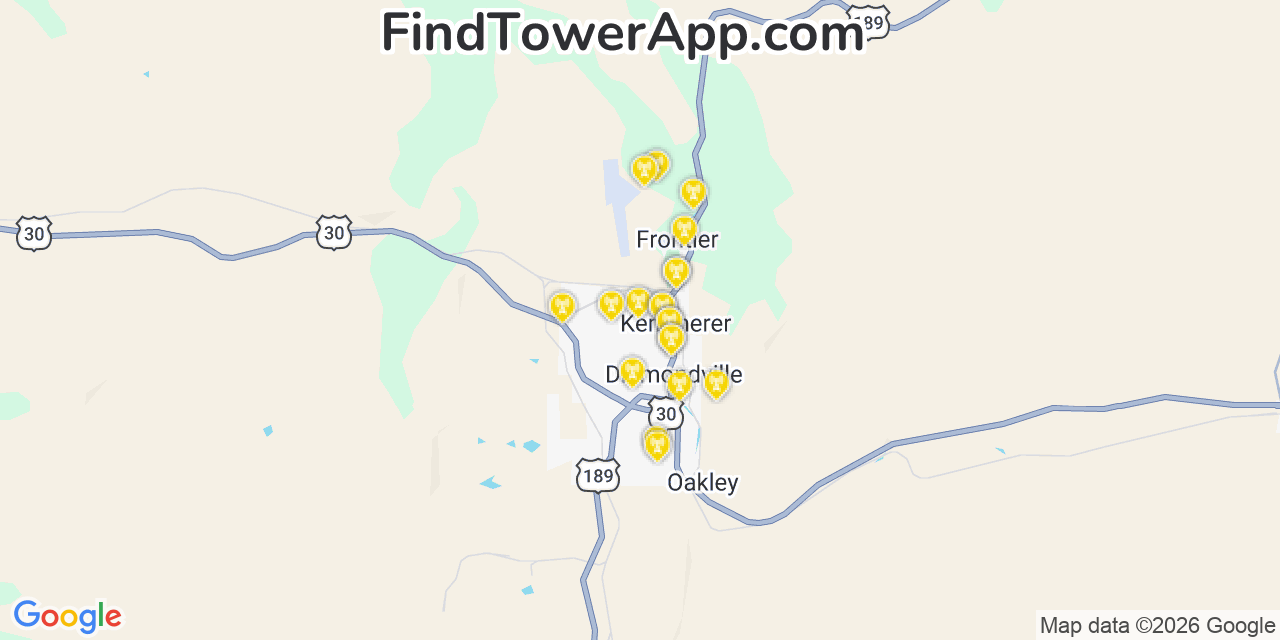 Map showing the 20 primary cell tower locations detected in Kemmerer, Wyoming from AT&T, Verizon, and T-Mobile networks