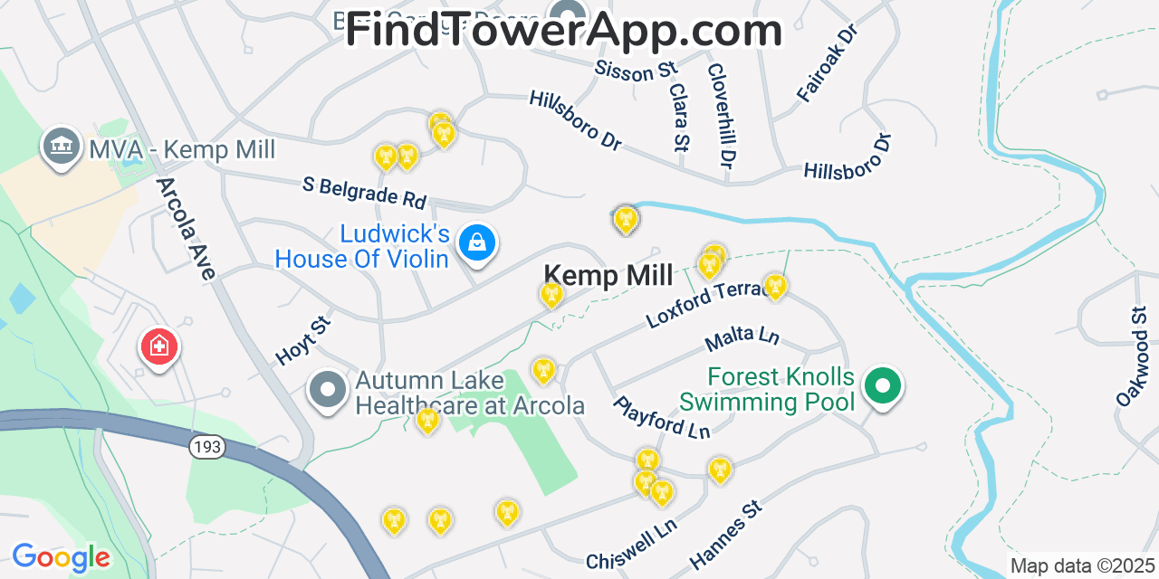 Map showing the 20 primary cell tower locations detected in Kemp Mill, Maryland from AT&T, Verizon, and T-Mobile networks