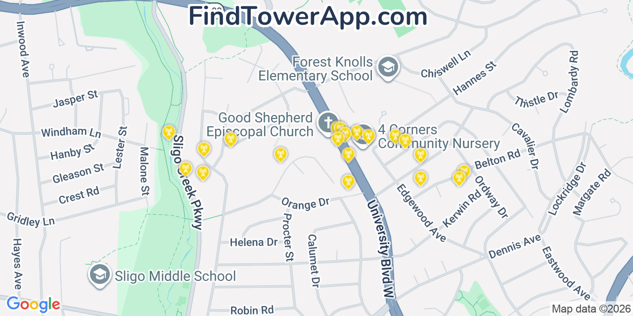 Map showing the 20 primary cell tower locations detected in Kemp Mill, Maryland from AT&T, Verizon, and T-Mobile networks