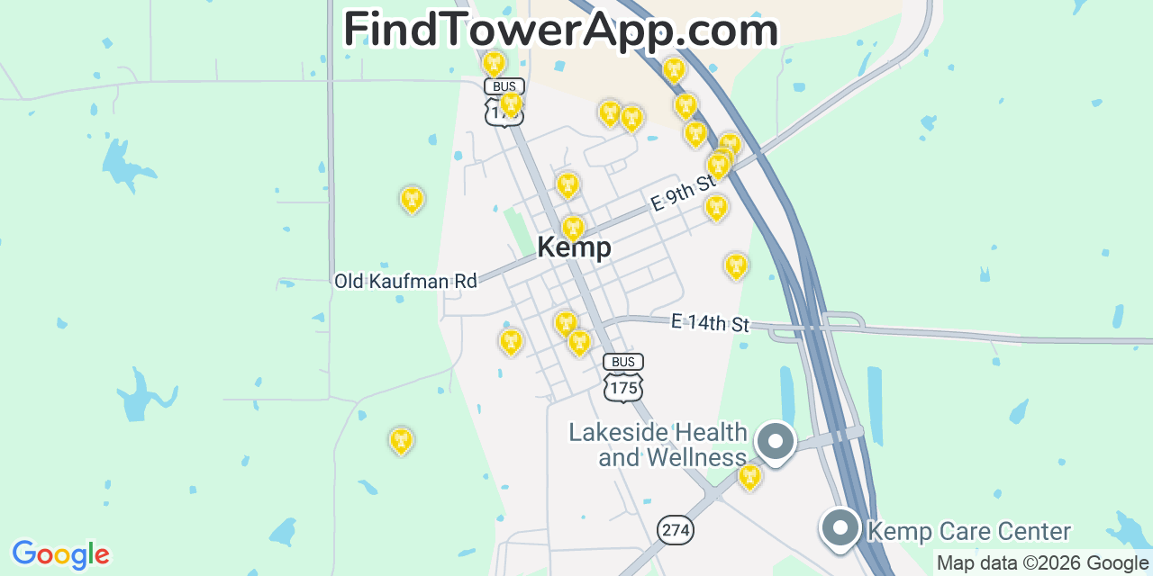Map showing the 20 primary cell tower locations detected in Kemp, Texas from AT&T, Verizon, and T-Mobile networks