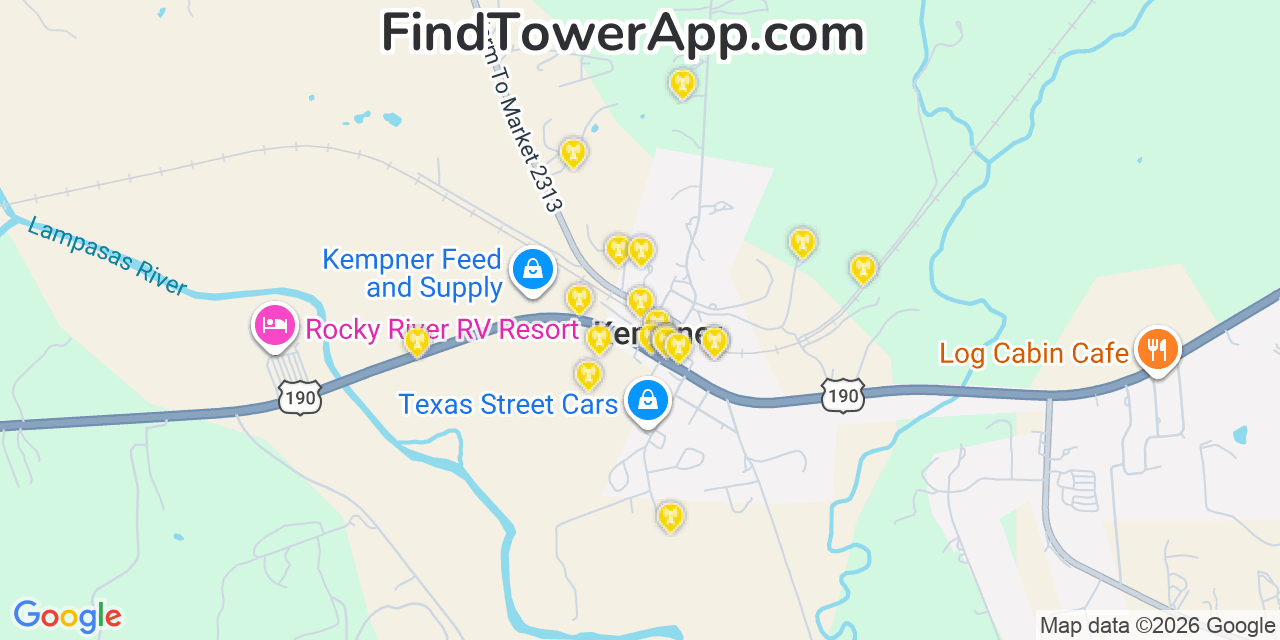 Map showing the 20 primary cell tower locations detected in Kempner, Texas from AT&T, Verizon, and T-Mobile networks